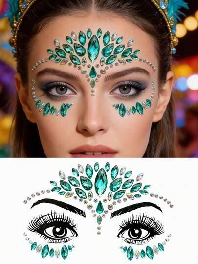 1pc Crystal & Emerald Rhinestone Forehead Sticker, Dual-Tone Gemstone Face Jewel Decor, Suitable For Parties, Festivals, Daily Wear, Self-Adhesive & Waterproof, Gift For Women