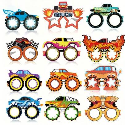18pcs/12pcs/6pcs Monster Truck Theme Paper Glasses Set, Suitable For Party Favors, Birthday Decorations And Photography Props. Birthday Party Mask Toys, Holiday Decorations, Costume Party Gifts, Suitable As Birthday Gifts, Holiday Party Gifts, Masquerade Party Decorations (Random Styles)