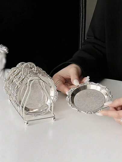 7pcs (6 Coasters + 1 Holder) Vintage European Palace Style Coasters, High-Quality Stainless Steel Heat Insulation Coasters With Holder For Coffee/Tea Cups