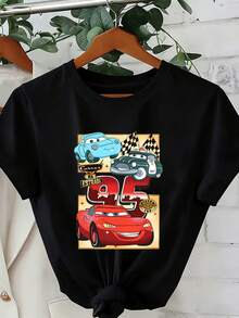 Disney Loose Edition "Carros Na Estrada" Character Collection Printed T-Shirt From "Cars", Suitable For Summer And Spring, Short Sleeved Tops, Women's Clothing, Holiday Gift Party Clothing. - 黑色 - 查看 1
