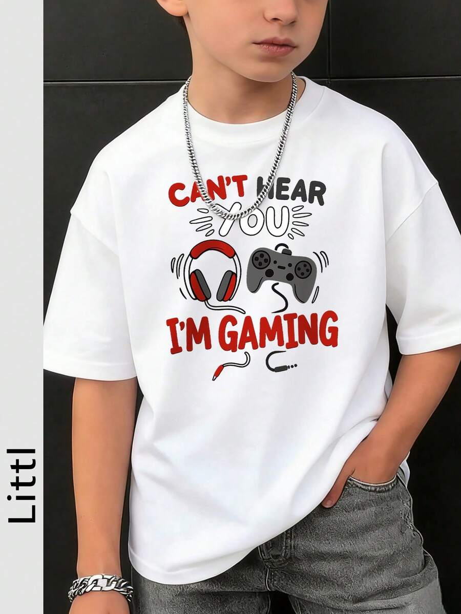 男童休闲印花圆领短袖T恤，夏季上衣 - 白色 - 查看 1