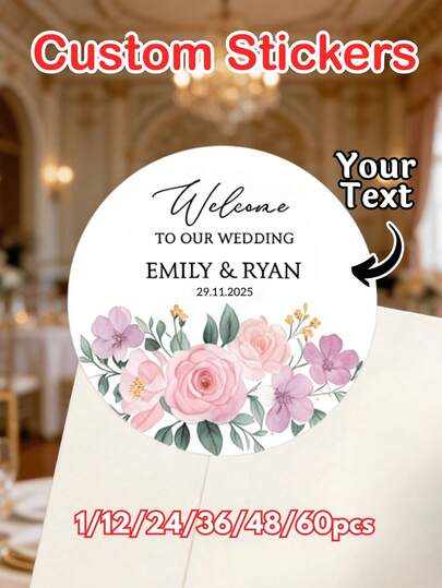 1-120Pcs Personalized Floral Wedding Stickers Waterproof Vinyl Labels For Wedding Favor Gift Boxes Dessert Table Decor For Bride Groom,Wedding Guest,Newlywed Couple Wedding Envelope Return Gift Stickers, Customized Round Stickers, Wedding Gift Decoration Label Stickers, Bride & Groom,Wedding Guest,Newlywed Couple Personalized Labels Suitable For Weddings, Anniversaries, Wedding Seasons, Birthdays.