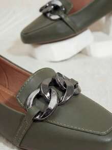 Olive Green Nappa Square Toe Moccasin I Chain - 軍綠色 - 查看 9