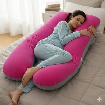 Almohada de Embarazo y Lactancia Fucsia con Gris  Máximo Descanso para Mamá y Bebé