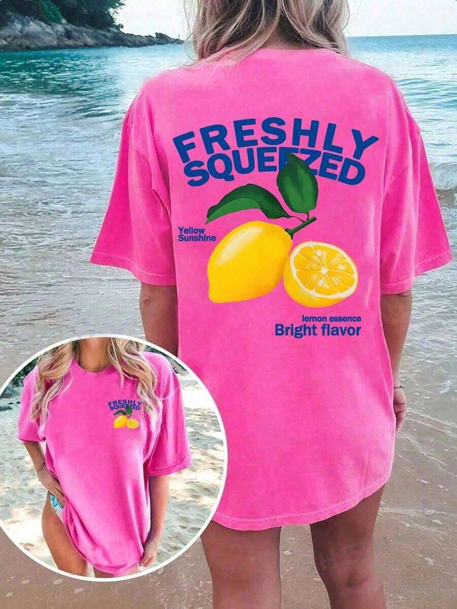 FRESHLY SQUEEZED Casual Lemon Vacation Atmosphere Graphic Oversized Round Neck Short Sleeve-Shirt WomenUnisex Casual-ShirtsCasual Short-Sleeve-Shirts Men And Women - 玫紅色 - 查看 1