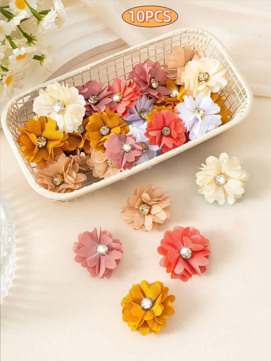 10个装女孩水钻花朵发夹，彩色布艺3D花朵发卡，甜美百搭不伤发侧夹，适合生日派对、日常外出，极具吸引力的头饰 - 混色10件 - 查看 1