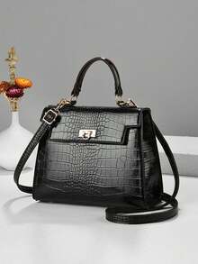 鳄鱼纹凯莉款手提包，配有顶部提手和可调节斜挎肩带，女士款 - 黑色 - 查看 7