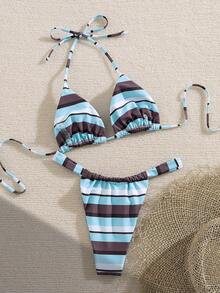 Women's Bikini Set Set, Halter Tie Backless Ladies Swimwear, Blue & Brown Striped Print High Elasticity Fabric, Suitable For Party, Music Festival, Valentine's Day, Beach Outfit, Elegant Ladies Beach Bikini Set Vacation Summer - Multicolor - View 5