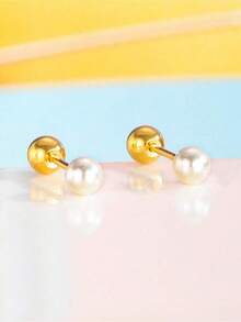 一对优雅仿珍珠耳钉，适合女孩佩戴，时尚派对饰品，儿童生日礼物及日常佩戴皆宜。 - 金色 - 查看 2