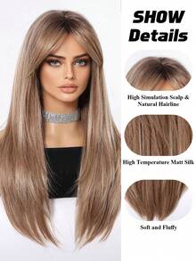 Tóc giả dài 24 inch, thẳng, có mái xéo, chân tóc tối màu, màu vàng nâu highlight, dành cho nữ, tóc ombre nâu, tóc giả tổng hợp chịu nhiệt, thích hợp cho sử dụng hàng ngày, dự tiệc, cosplay. - Tóc vàng ombre - Xem 7