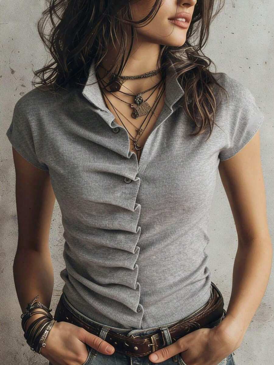 MOOSGOP 女士夏季系列：优雅、休闲、百搭、时尚，适合办公室穿着。灰色褶皱纽扣修身无袖针织上衣。女士夏季穿搭 - 灰色 - 查看 1