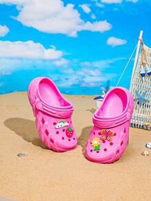 Tamancos de Madeira Respiráveis para Crianças, EVA Leve Antiderrapante, Decorados com Elementos Fofos de Girassol e Borboleta, Design Slip-On para Fácil Uso, Presente de Verão Ideal - Rosa chiclete - Visão 2