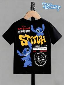 Disney Black Background Stitch Front And Back Print Kids' Short Sleeve T-Shirt And Playful Casual Top - 黑色 - 查看 2