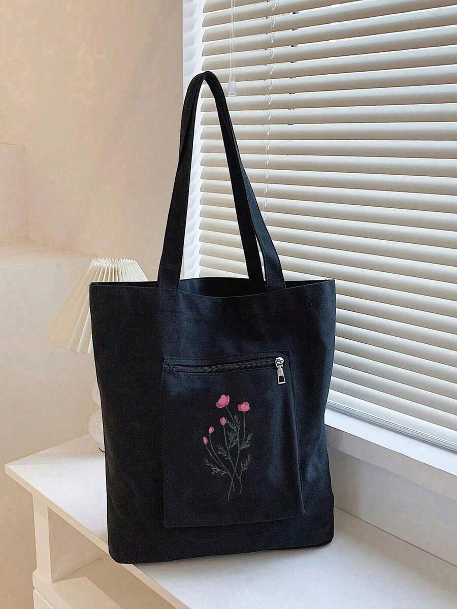 1个花卉印花大容量单肩购物袋,植物印花手提袋,学生适用,帆布手提包,购物袋,派对袋,婚礼生日派对礼品袋,手工帆布袋,派对礼品,女士手提包,帆布袋 - 黑色 - 查看 1