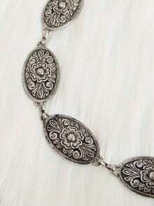 CPA-1pc Plus Size Women's Waist Belt, Western Style Boho Vintage Floral Buckle Textured Metal Waist Chain, Beach Vacation, Party, XXL Fall, Autumn, Halloween - 銀色 - 查看 7