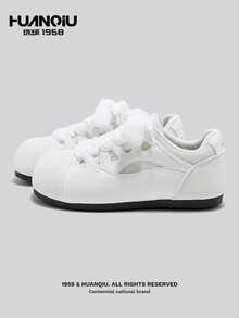 HUANQIU Giày thể thao đế xuồng kẻ sọc tối giản, giày sneaker trắng đế phồng, giày thể thao buộc dây thời trang thường ngày cho mùa xuân. - trắng - Xem 1