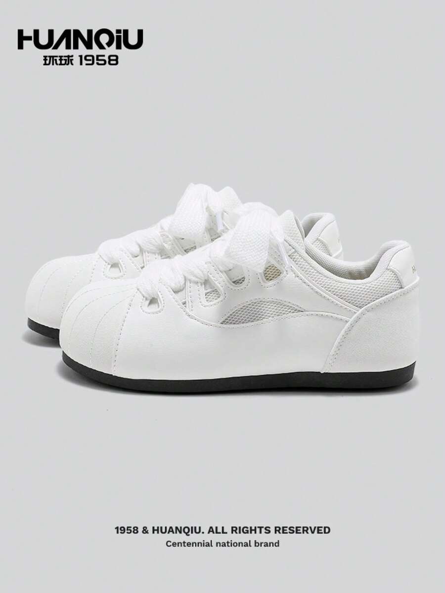 HUANQIU Giày thể thao đế xuồng kẻ sọc tối giản, giày sneaker trắng đế phồng, giày thể thao buộc dây thời trang thường ngày cho mùa xuân. - trắng - Xem 1