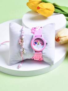 2件套 女孩礼物 - 卡通猫儿童可爱小巧柔软硅胶表带指针手表，小学生创意石英腕表，可调节编织绳手链 - 粉色 - 查看 8