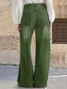 New Women's Loose Fit Wide Leg Casual Washed Denim Jeans - Green, High Quality Jeans Spring - Army Green - View 3