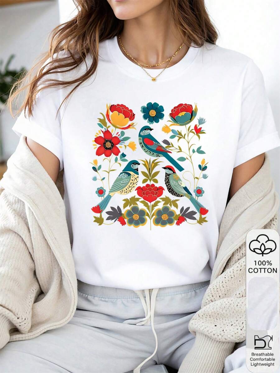 Camiseta feminina de manga curta, 100% algodão, com estampa boêmia de pássaros e flores. - Branco - Ver 1