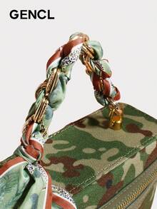 Women 2025 New Summer High-End Silk Scarf Chain Camouflage Chic Mini Square Box Bag Small Versatile Lightweight Stylish Messenger Crossbody Handbag | Travel, Vacation, Shopping, Date, Commute, Gift For Women, Mothers, Teachers, Friends, Bridesmaids - 軍綠色 - 查看 4