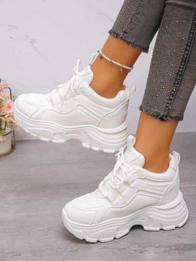 1 Pair Fashionable Thick-Soled Casual Sports Shoes For Teenagers, Made Of High-Quality PU Material, With Lace-Up Design, Good Anti-Slip And Wear-Resistant Performance, Round Toe, Medium Ankle Height, Platform Heel To Increase Height, And Versatile Style Suitable For Casual Occasions And Daily Wear, Providing Comfortable And Stylish Experience For Your Child.