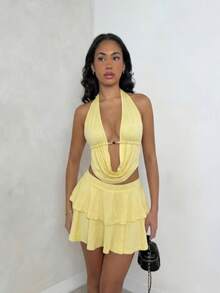 女士夏季露背系带上衣和多层半裙套装，性感黄色两件套，夏季服装，夏季波西米亚风度假装，女士夏季服装 - 淡黃色 - 查看 3