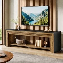 LITTLE TREE 70" TV Stand For 65/70/75-Inch TVs, Farmhouse Long Entertainment Center With Open Storage Shelves, Low Media Console, Wooden Television Stand For Living Room, Bedroom, Rustic Brown & Black - Rustic Brown & Black - 查看 5