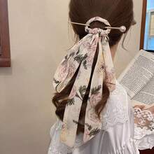 1pc Retro Faux Pearl Hair Clip, New Chinese Style Minimalist Hair Accessory, Elegant Silk Scarf Floral Print Long Ribbon Hair Clip, Birthday Party Gift,Festival,Travel - Baby Blue - View 3