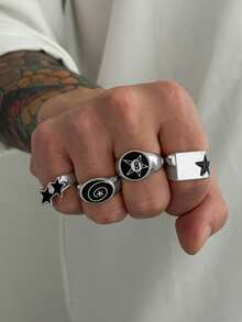 Set 4 Cincin Bintang Spiral Gaya Punk, Cocok untuk Pemakaian Kasual Sehari-hari Pria - Set isi 4 - View 1