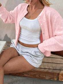 FOR BEAUTY 秋冬新款粉色圆领单排扣针织女式上衣，时尚简约，温柔优雅，休闲宽松风格，适合日常通勤，街头风毛衣，女士秋季针织衫，开衫 - 淺粉 - 查看 5