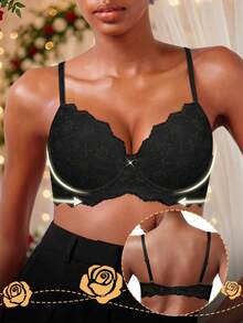 女士蕾丝性感钢圈内衣，提拉塑形，舒适贴身，节日礼物 - 黑色 - 查看 2