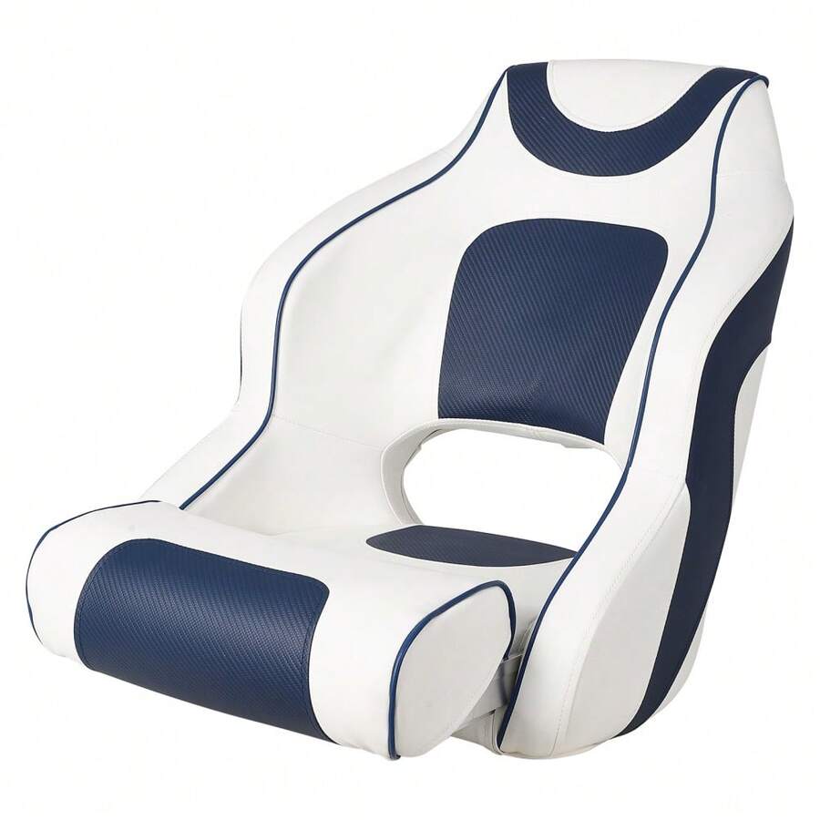 Silla de capitán para pontón, silla ergonómica tipo cubo para capitán, acolchado de espuma comprimida, estructura de plástico moldeado por inyección, sillas de capitán para barco con perno de montaje - Con reposapiernas, patchwork blanco y azul. - Ver 1