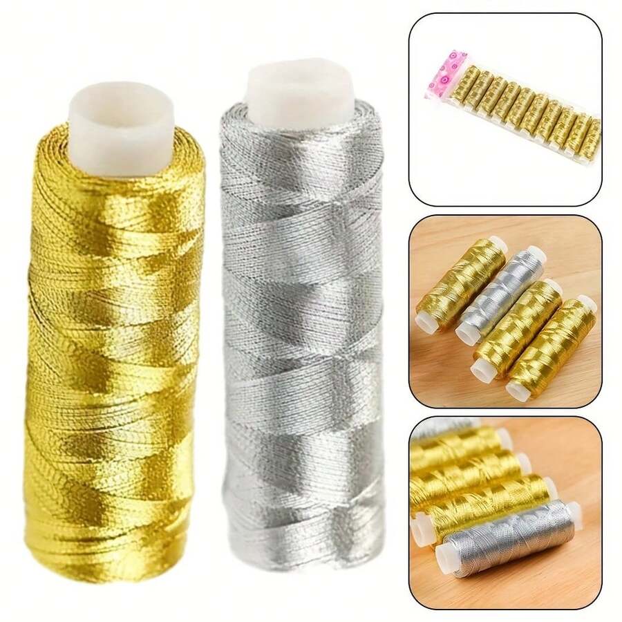 1roll Handmade DIY Home Sewing Thread, Embroidery, Golden And Silvery Thread, Beaded Weaving Thread, Suitable For DIY Sewing, Embroidery And Handicraft Sewing Thread, Pendant Making Accessories - Gold and Silver Fine Threads - View 1
