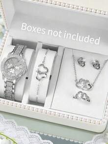6 piezas Reloj de cuarzo de lujo elegante para mujer, conjunto de accesorios de lujo romántico para mujer (incluye reloj de cuarzo con números romanos, correa con diamantes, pulsera con corazón, collar con corazón, aretes con corazón, anillo con corazón). Centrado en tonos fríos y elementos con forma de corazón, el reloj presenta un bisel de doble capa con diamantes y un dial completamente cubierto de diamantes para realzar la sensación de lujo - Plateado - Ver 1