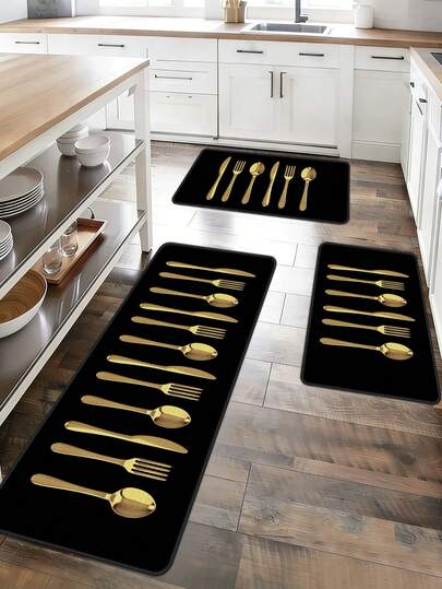 1PC Knife Fork Pattern Kitchen Mat, Absorbent Mat, Moisture-Absorbent And Anti-Slip, Durable And Stain-Resistant, Suitable For Bathroom Door, Kitchen, Dining Room, Coffee Shop Carpets, As Well As Living Room, Bedroom And Entry-Level Home Decoration Carpets