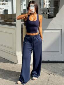 2pcs Women Casual Square Neck Sleeveless Crop Top And Drawstring Waist Pants Set, Made Of Stretchy Fabric, Suitable For Daily Wear - Navy Blue - View 4