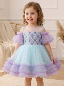Baby Girls' Polka Dot Puff Sleeve Bow Tulle Purple Wedding Party Dress, Elegant Princess Dress Suitable For Girls' Birthday, Anniversary, Party, Banquet, Prom, Holiday Celebration, Comes With Headpiece - Purple - View 5