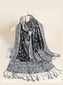 1条波西米亚风女士围巾，时尚复古佩斯利花纹头巾，休闲优雅防晒围巾披肩，适合日常佩戴和旅行 - 黑色 - 查看 6