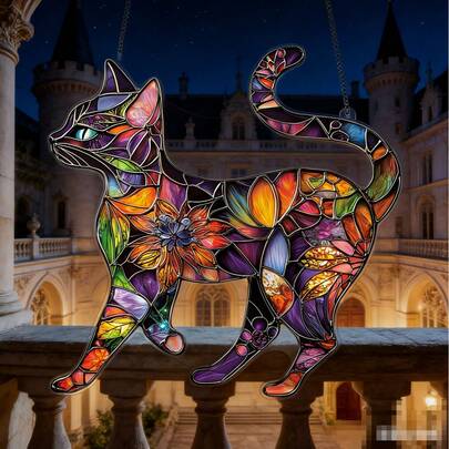 2D平面 - 2D平面，1件装彩色玻璃风格猫咪亚克力阳光捕捉器（8英寸 x 8英寸） - 色彩缤纷的花卉设计，非常适合爱猫人士，波西米亚风格的家居、办公室、花园和庭院装饰