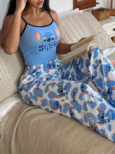 Disney 两件套女士字母卡通印花吊带背心和阔腿裤休闲家居服套装