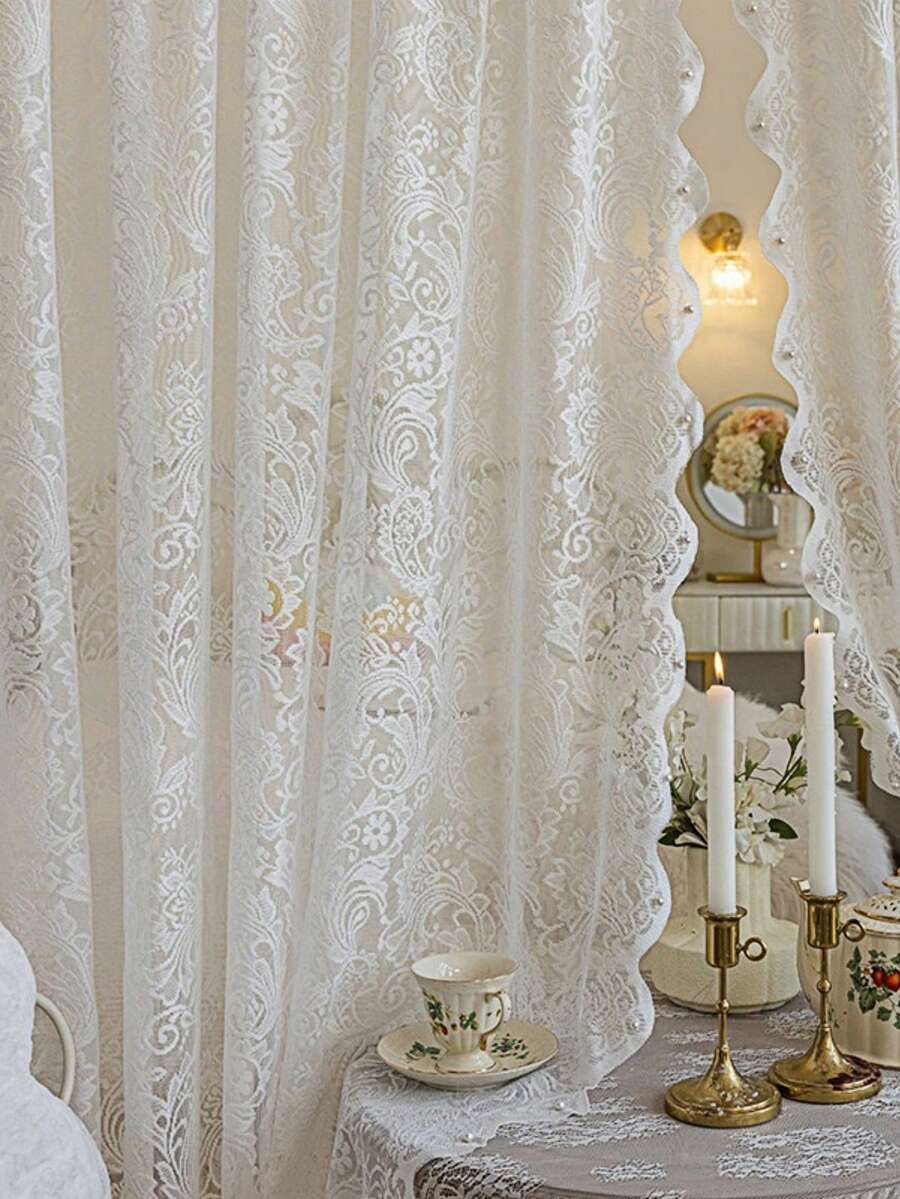 1 pièce Rideau en dentelle transparente à motif floral, style jardin, lavable en machine, motif floral, léger, saisonnier, convient pour la chambre à coucher et le salon, sans cordon, semi-transparent, thème de rideau, type de pièce, tissé, matériau polyester, poche pour tringle - Blanc - Voir 1