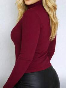 Women's High Neck Fleece-Lined Ribbed Knit Long Sleeve Blouse For Winter, Autumn, Thermal Base Layer, Fitted, Fashion Blogger Style - Burgundy - View 3