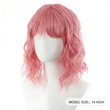 35.56 Cm Pink Wig With Bangs, Soft Curly Wave Fibre, Rose Cap, 130% Density, Unisex, All Ethnicities, Tanglon Silk, Full Headpiece, No Lace, Beauty & Personal Care, Hair Extensions & Accessories ﻿ - Multicolor - View 6