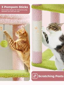 PAWZ Road 59" Cat Tree, Tall Cat Tree For Large Cat, Multi-Level Cat Tower With 3 Removable Pompom Sticks, Cat Tree For Indoor Cats, Cat Condo With Large Hammock, Scratching Post, And 2 Perches, Pink - Hồng - Xem 7
