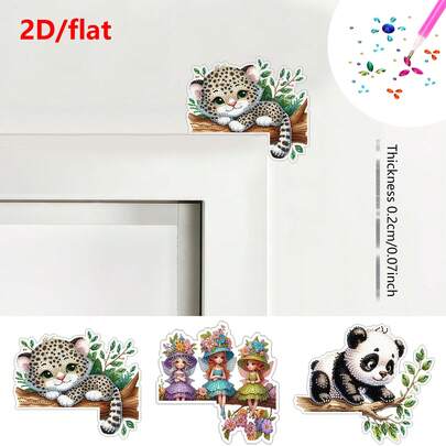 1件装2D/平面钻石画套装，门角装饰，豹纹、精灵、熊猫图案，亚克力材质，适用于门角、窗角装饰