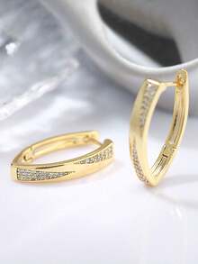 1对金色微镶嵌圈形耳环，女士简约闪亮子弹形耳钉，日常时尚首饰礼品，铜材质，不褪色且低过敏性 - 金色 - 查看 3