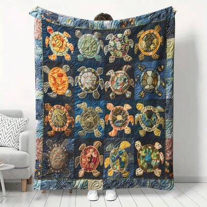 1pc Cute Geometric Turtle Pattern Flannel Blanket - Soft & Comfortable Shawl, Suitable For Travel, Camping, Living Room, Office, Backdrop, Sofa, Chair And Bed - Digital Printed Blanket, Made Of Soft And Comfortable Fabric, Suitable For All Seasons