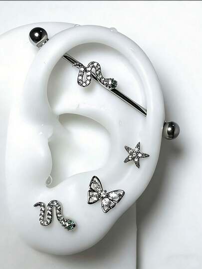 不锈钢无螺纹蛇形耳骨耳钉 CZ 蛇形工业杠铃蝴蝶/CZ 星形耳垂螺旋耳环穿刺饰品