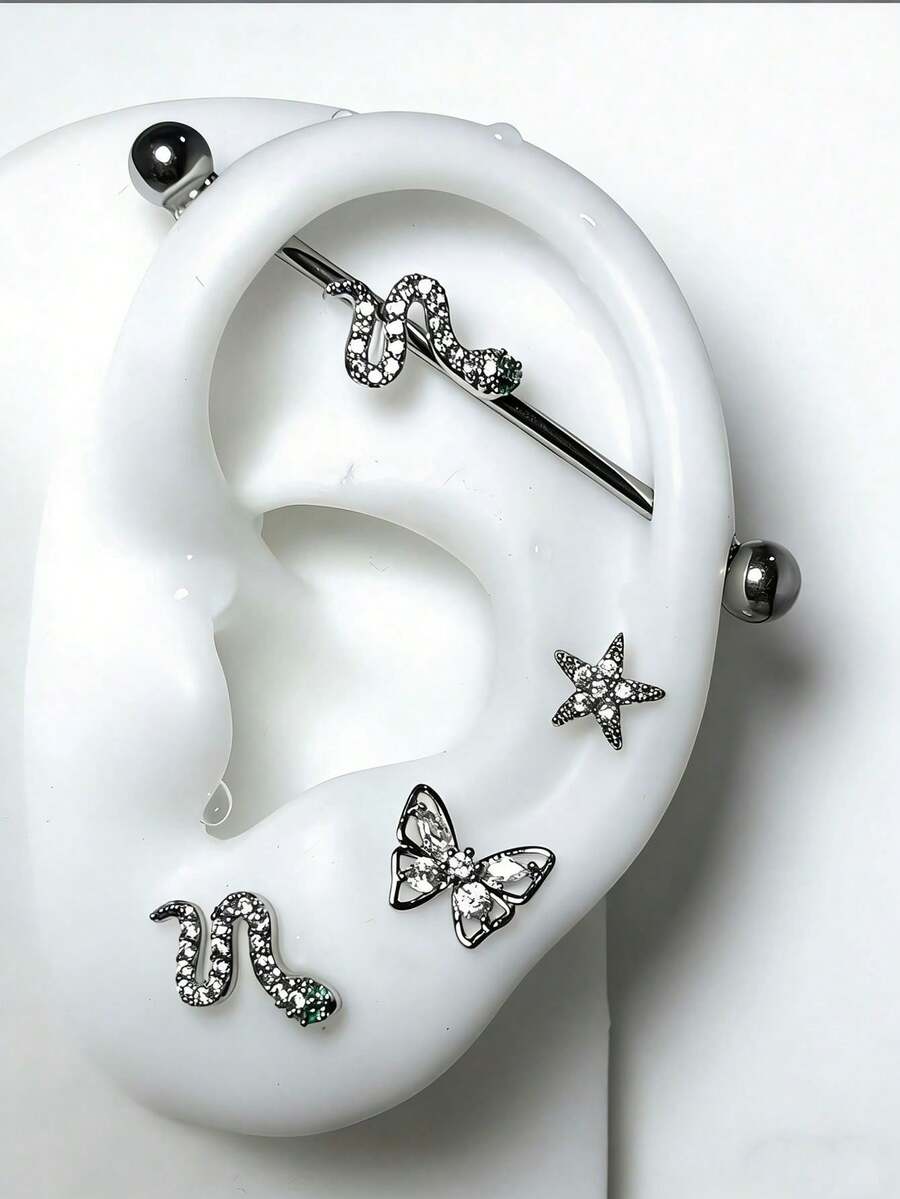 不锈钢无螺纹蛇形耳骨耳钉 CZ 蛇形工业杠铃蝴蝶/CZ 星形耳垂螺旋耳环穿刺饰品 - 如圖 - 查看 1